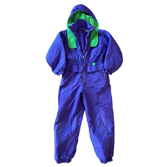 Vintage 90s Purple & Green Snow Ski Suit Kids Medium 10-12 Retro One-Piece - Picture 1 of 7